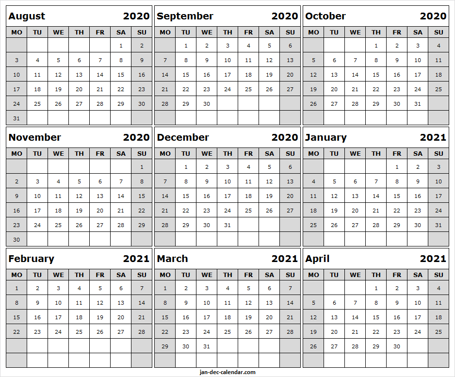 August 2020 To April 2021 Calendar Template - Monthly-Monthly Wellness Calendar 2021