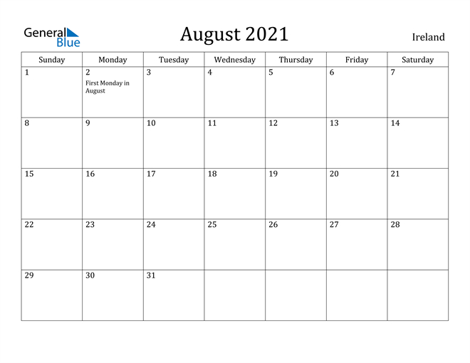 August 2021 Calendar - Ireland-Appointment Calendar For Month Of August 2021