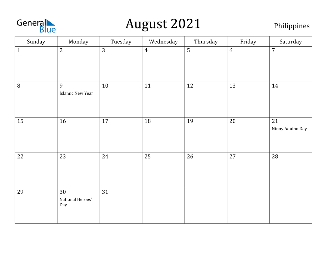 August 2021 Calendar - Philippines-Free Editable Philippine Calendar Template 2021
