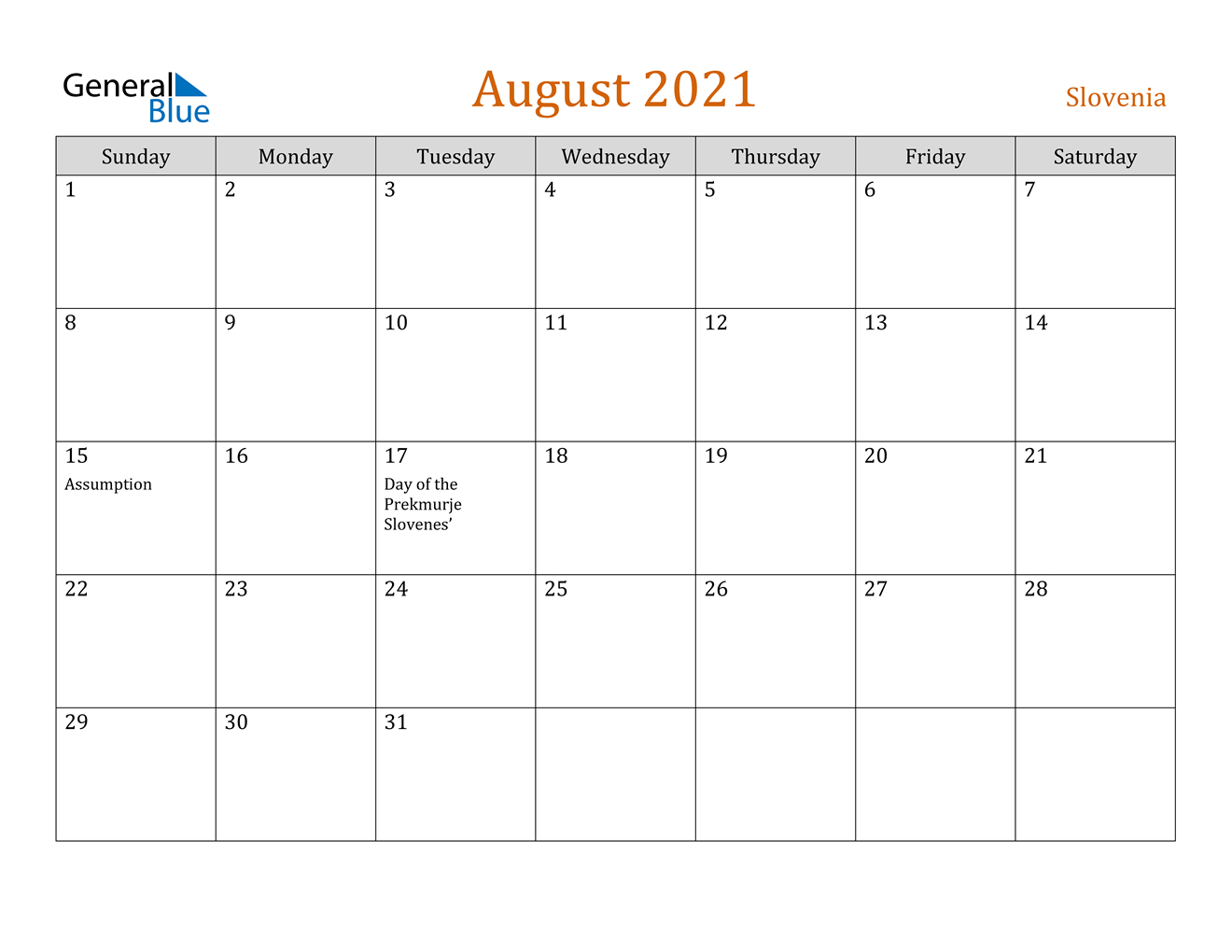 August 2021 Calendar - Slovenia-August 2021 Calendar
