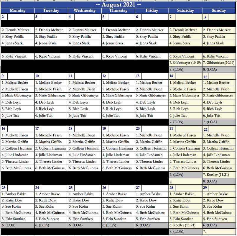 August 2021 - Masonic/Riverside Crna Vacation Calendar-2021 Vacation Schedules