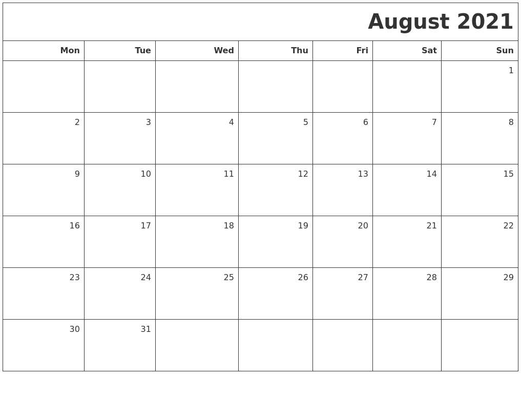 August 2021 Printable Blank Calendar-Fill Andprint A Calendar 2021