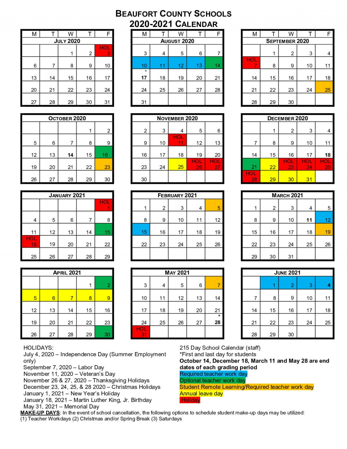 Bcs School Calendars | Beaufort County Schools-2021 Attendance Calendar Wa And Or