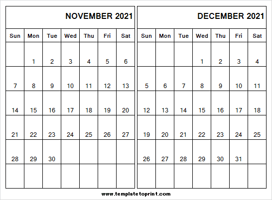Blank Calendar November December 2021 - 2021 Calendar Free-2021 Calendar For August Through December