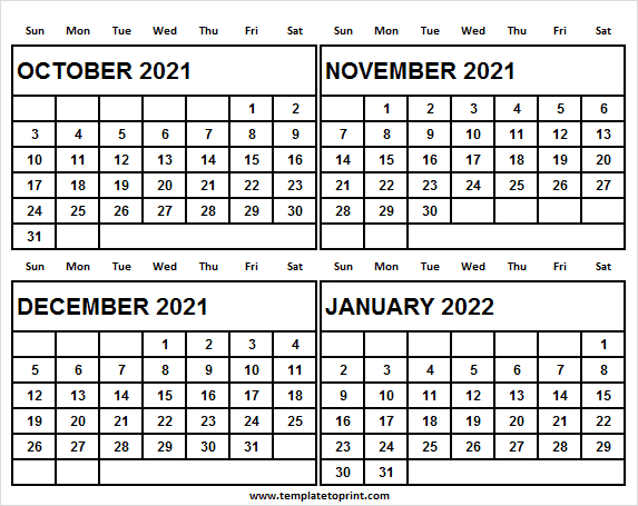Blank Calendar October 2021 To January 2022 - Calendar-October 2021 Thru December 2021 Calendar