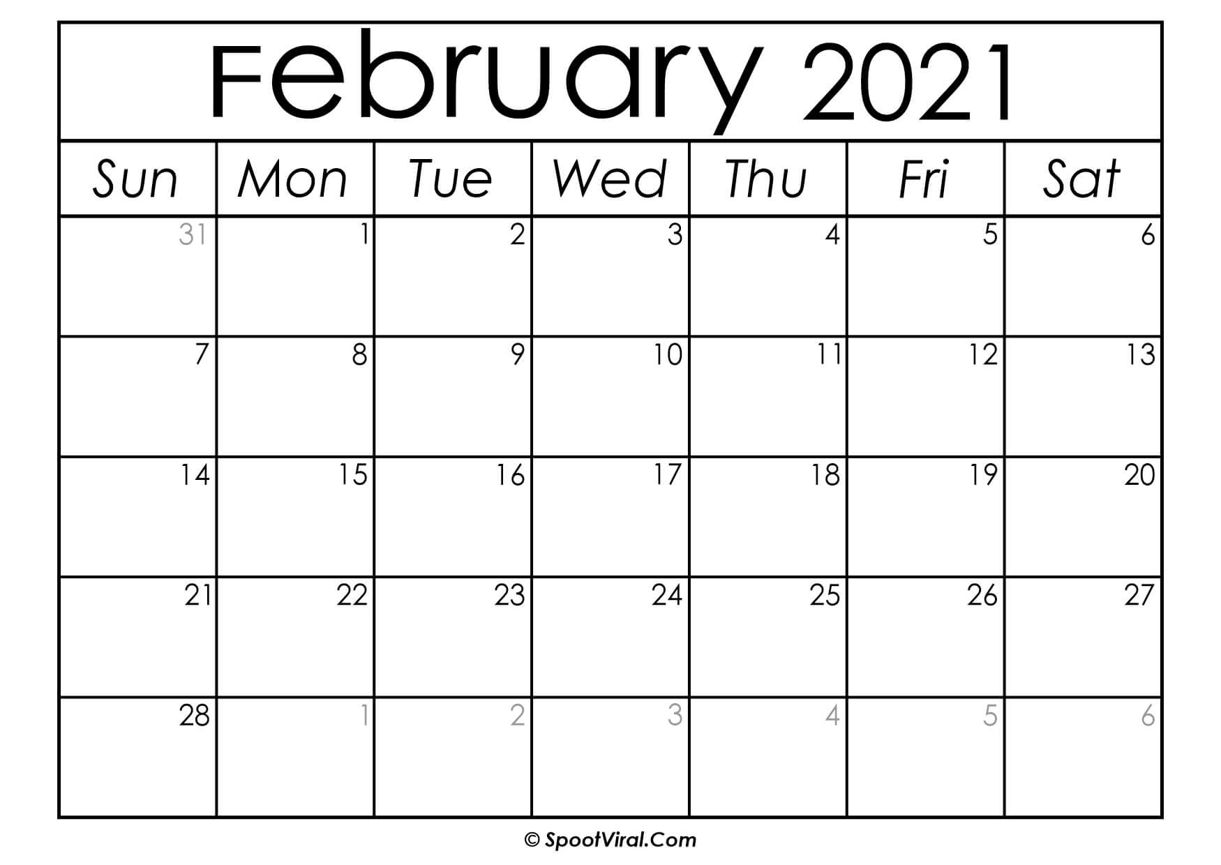 Blank February 2021 Calendar Printable - Latest Calendar-Calendar Template 2021 February Fill In