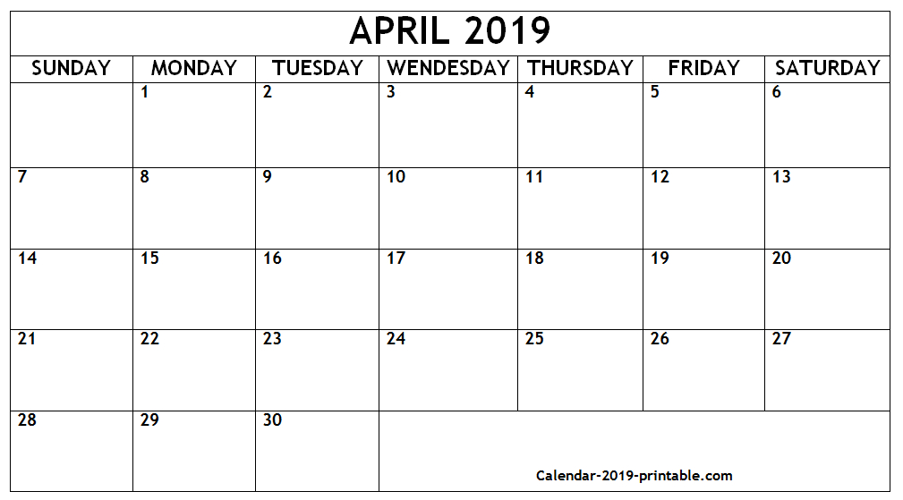Blank Monthly Calendar April 2019 | Calendar Printables-Free Printable 4X6 Calendar 2021