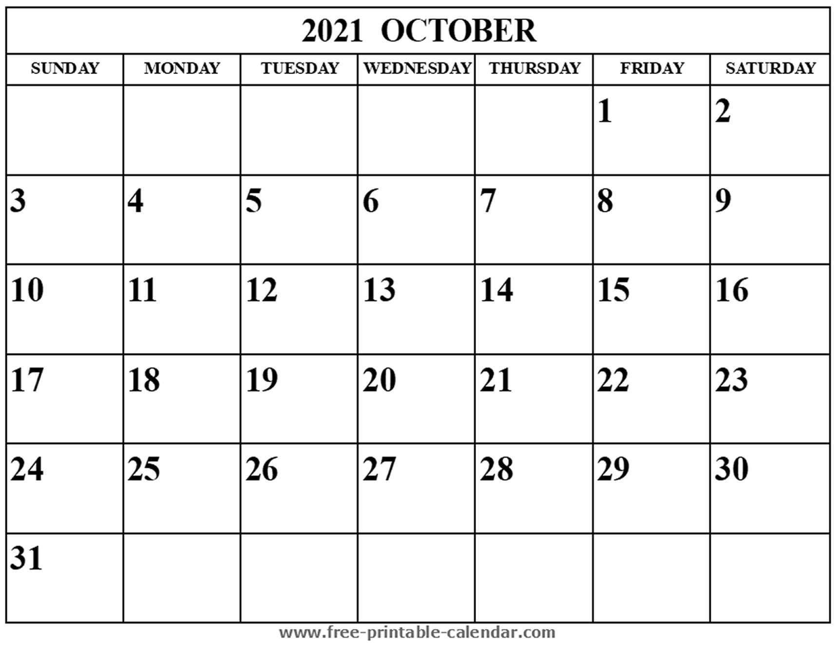 Blank October 2021 Calendar - Free-Printable-Calendar-Printable Fill In Calendar 2021