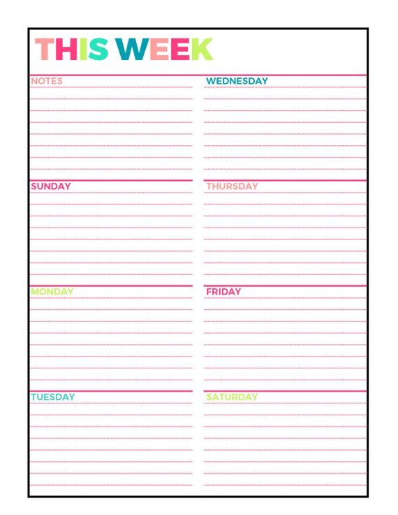Bright Weekly Planner Printable Week On 1 Page | Etsy-Blank Monthly Calendar Sunday Thru Saturday