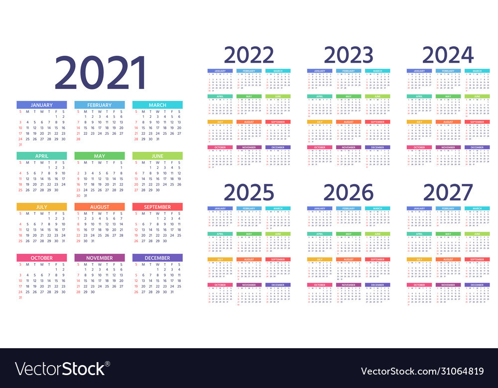 Calendar 2021 2022 2023 2024 2025 2026 2027 Years Vector Image-Three Year Calendar 2021-2023
