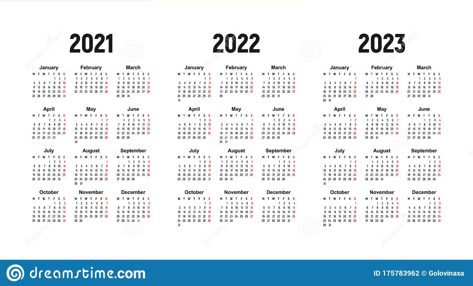 Calendar 2021, 2022 And 2023, Week Starts On Monday, Basic-Three Year Calendar 2021-2023