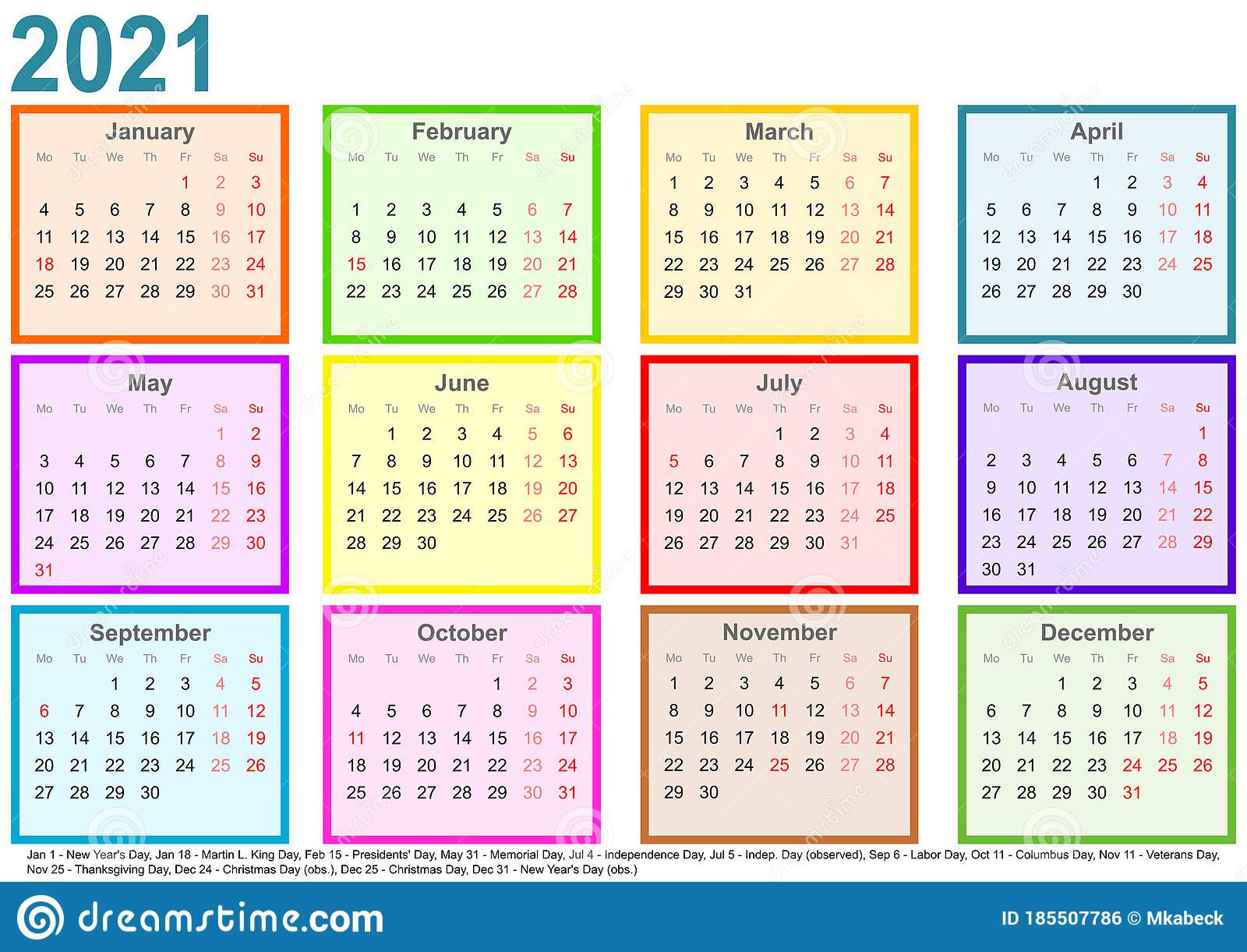 Calendar 2021 Each Month Different Colored Square Usa-2021 Calendar Printable 2 Months Per Page