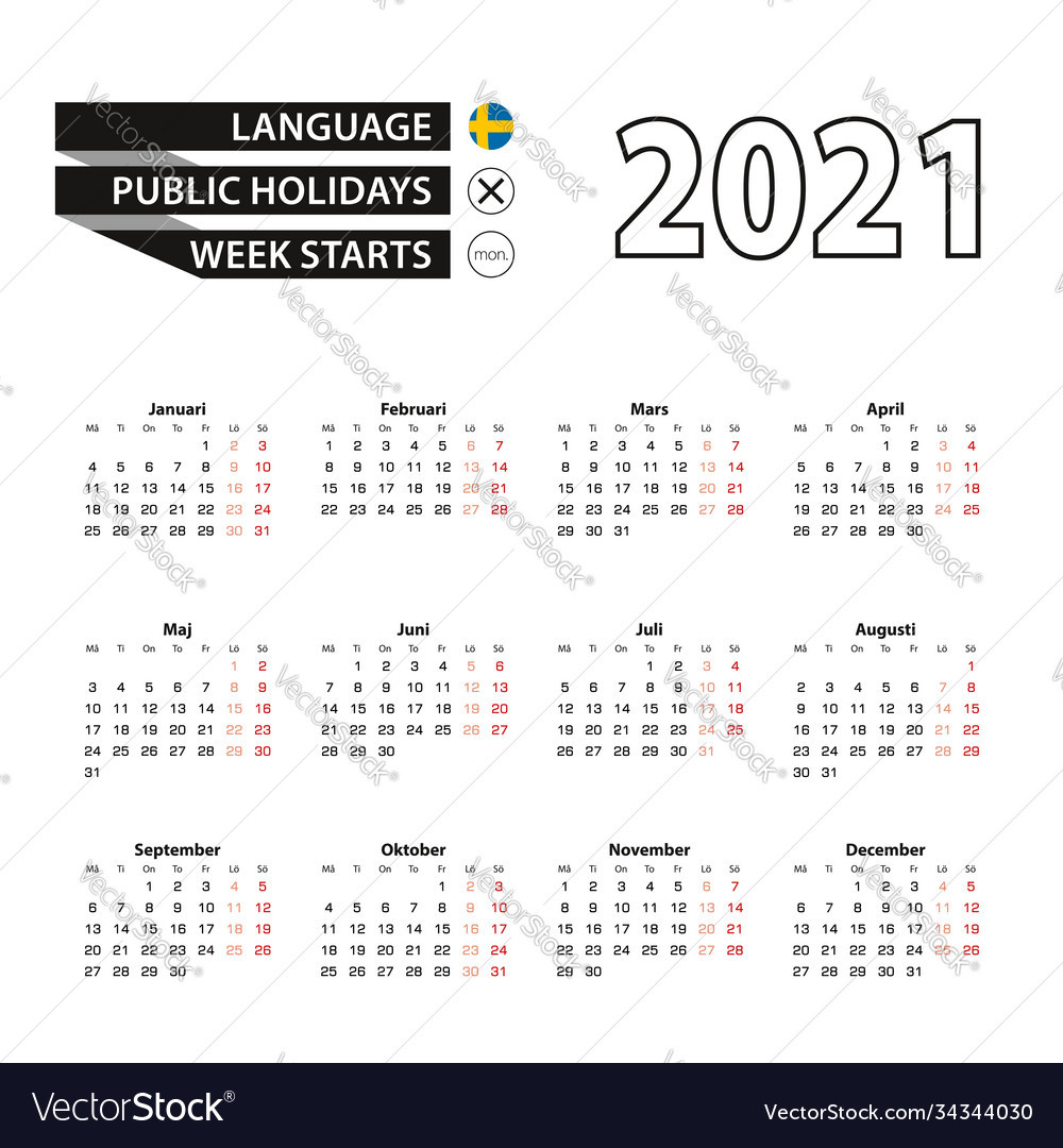 Calendar 2021 In Swedish Language Week Starts On Vector Image-Billing Calendar 2021