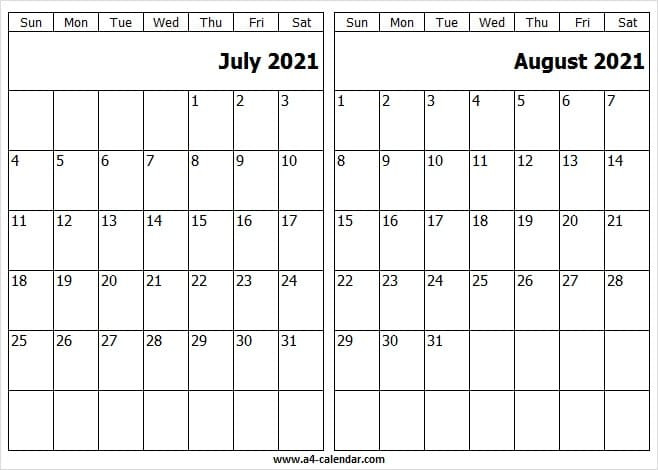 Calendar 2021 July August Template - A4 Calendar-July August 2021 Calendar Template
