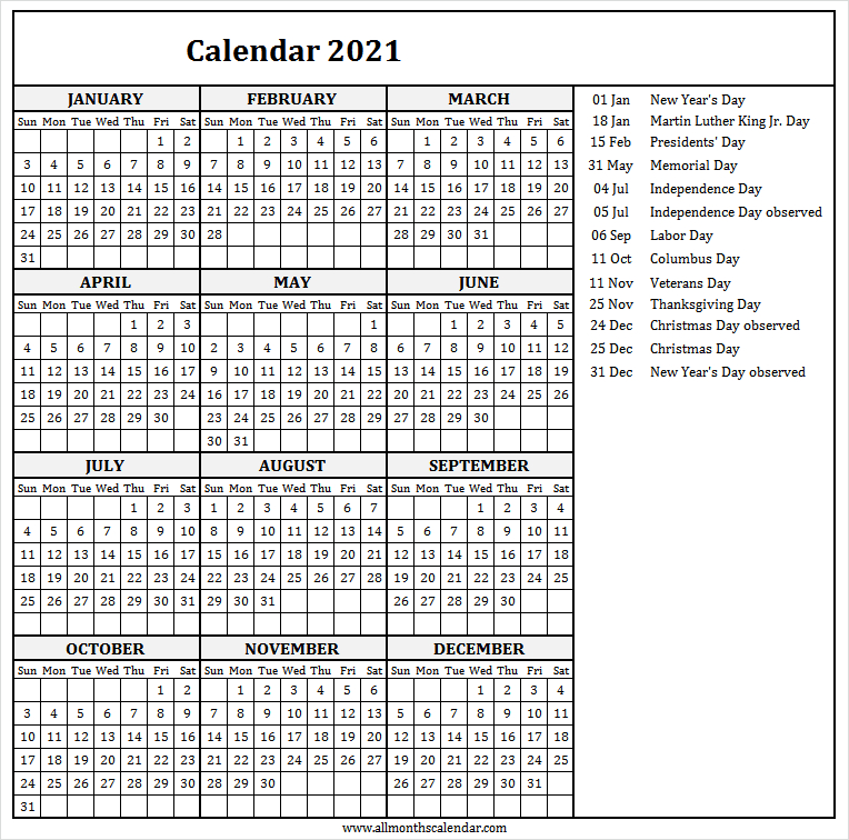 Calendar 2021 With Holidays Usa - Free 2021 Calendar Download-Download Free 2021 Calendar
