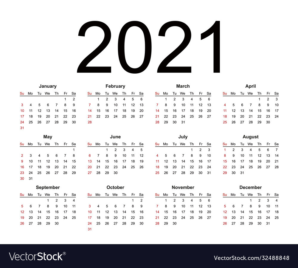 Calendar 2021 Year Simple Style Week Starts From Vector Image-Billing Calendar 2021