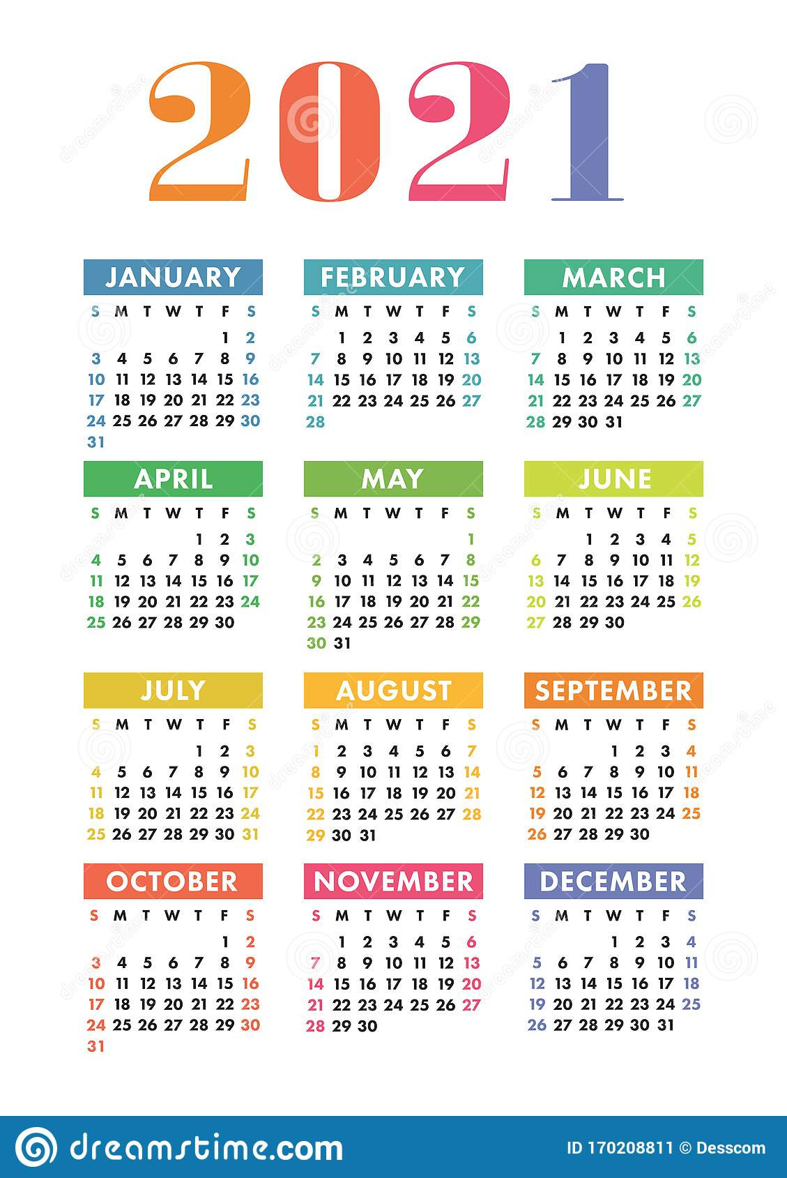 Calendar 2021 Year. Vector Kid`s Pocket Or Wall Calender-Free Printable 4 X 6 Calendar 2021