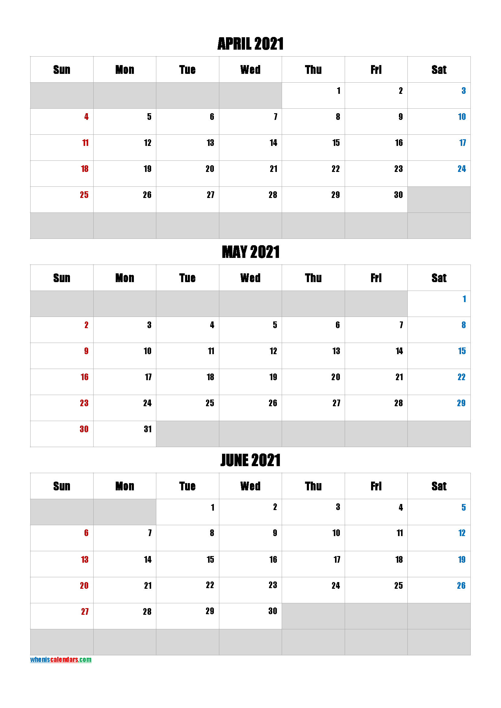 Calendar April May June 2021 [Q1-Q2-Q3-Q4]-3 Month Calendar June-August 2021