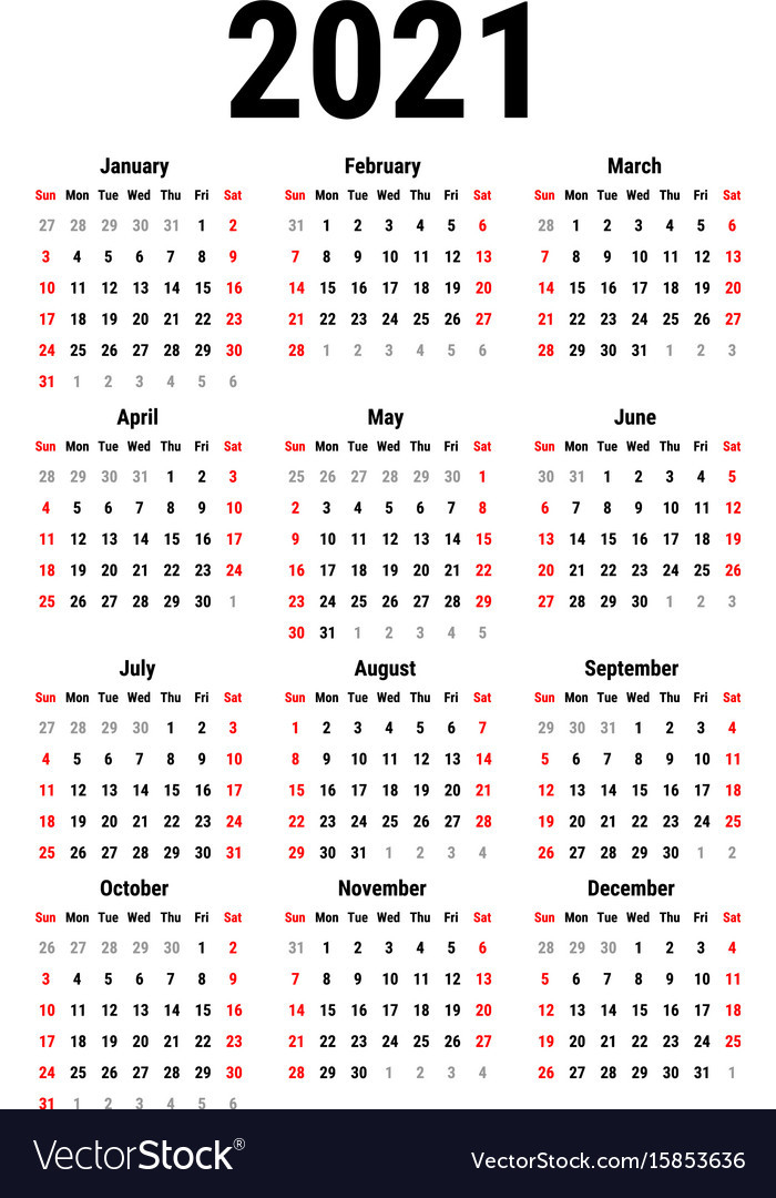 Calendar For 2021 Royalty Free Vector Image - Vectorstock-2 Page 2021 Free Printable Planner Calendar