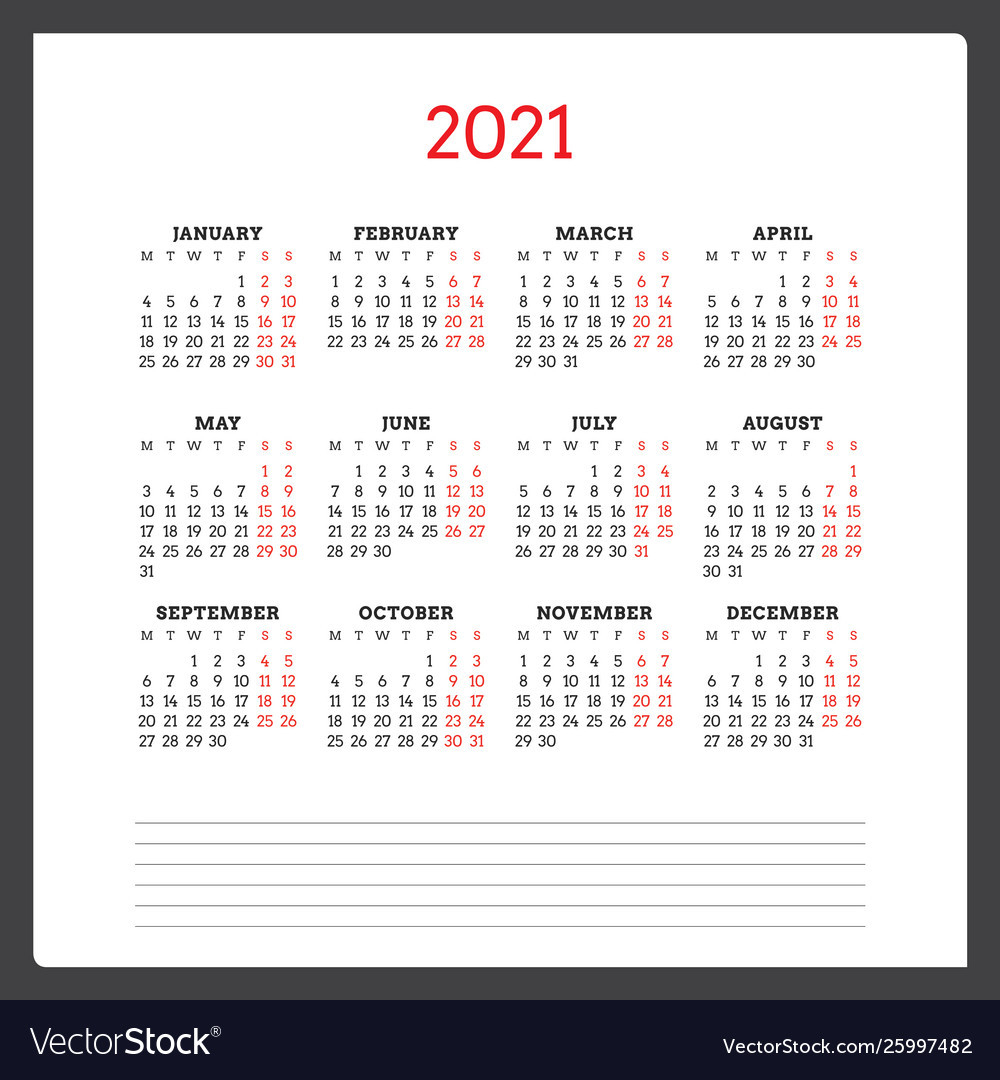Calendar For 2021 Year Week Starts On Monday Vector Image-Calendar 2021 With Week Numbers