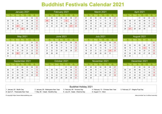 Calendar Horizintal Grid Sunday To Saturday Buddhist-Jewish Holidays 2021 Calendar