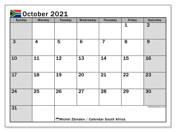 Calendar &quot;South Africa (Ss)&quot; - Printing October 2021-Free Calender For October 2021 81/2 X 11