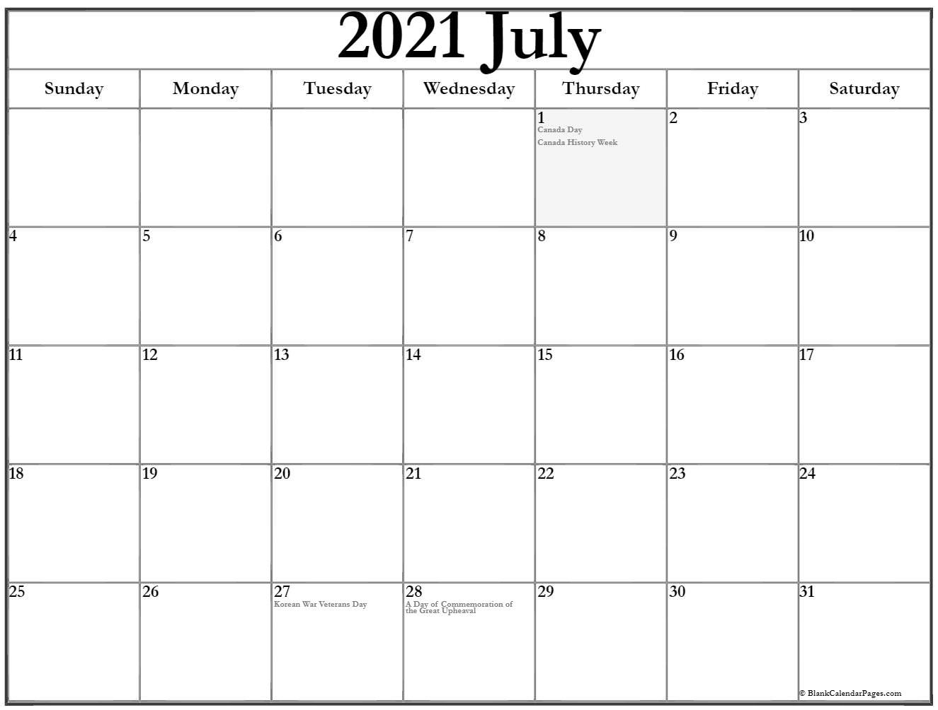 Collection Of July 2021 Calendars With Holidays-Canadian Calendar 2021 With Holidays Printable Landscape