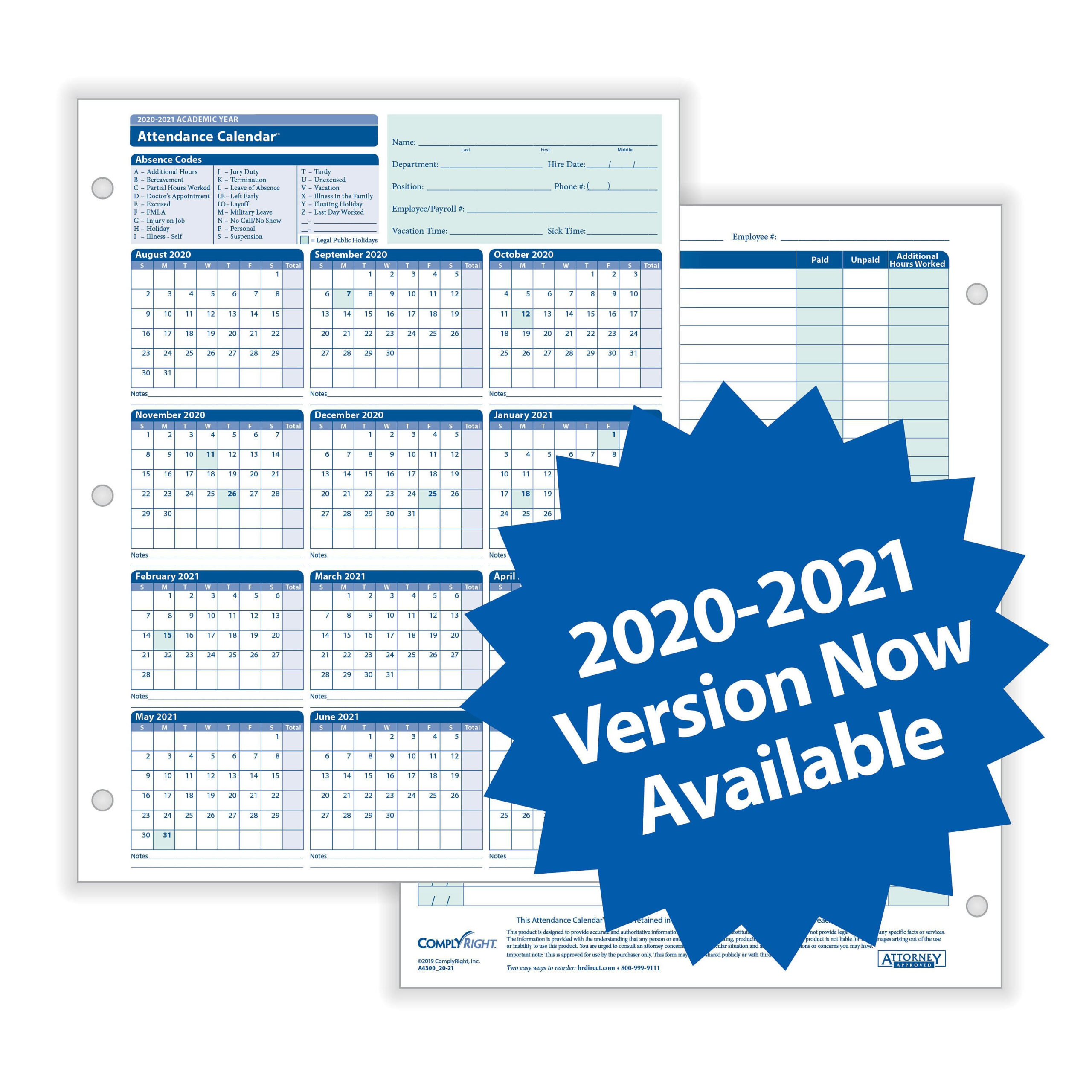 Complyright 2020 - 2021 Academic Attendance Calendar-2021 Attendance Tracker