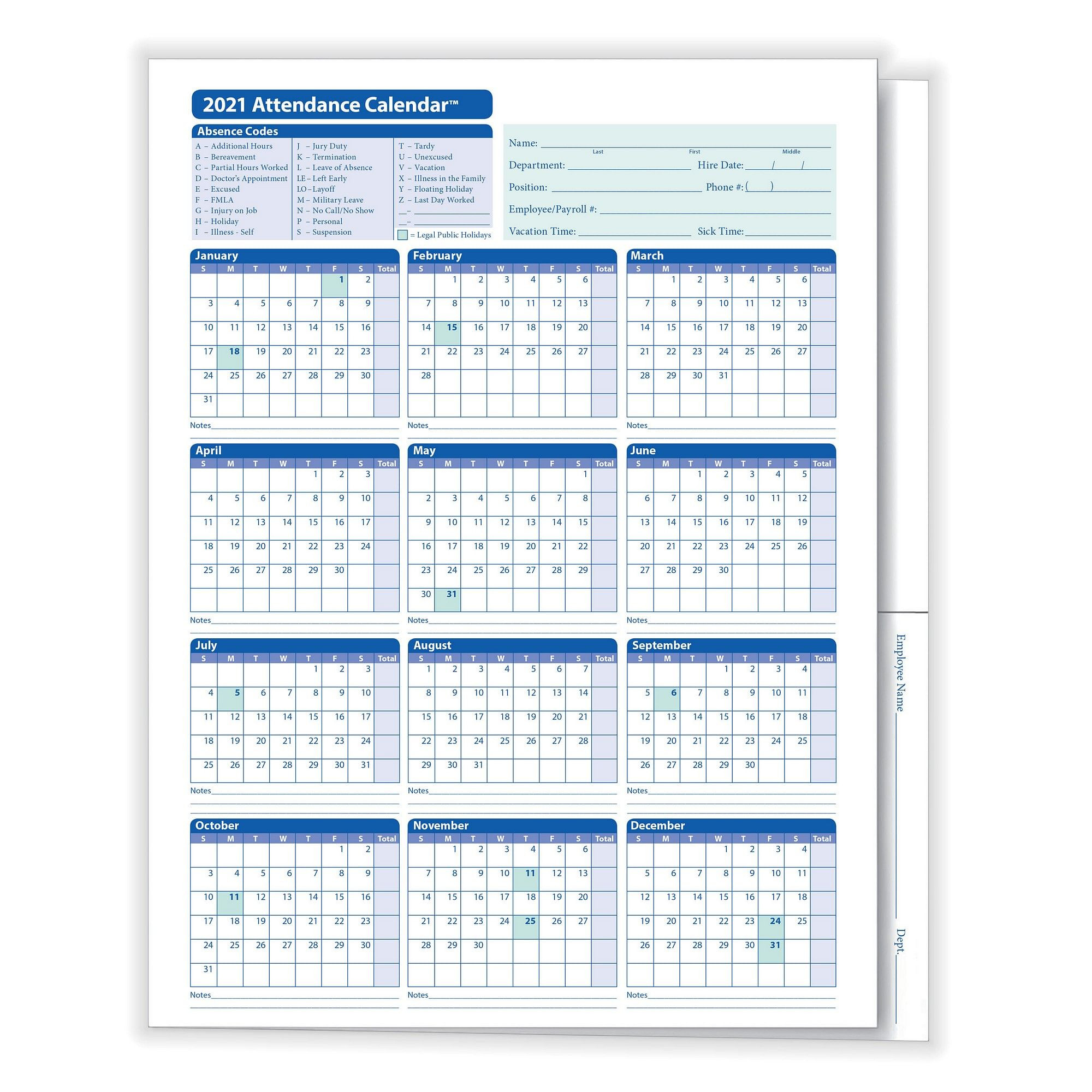 Complyright 2021 Attendance Calendar Folder, White, Pack Of 25-A4000 2021 Monthly Employee Attendance