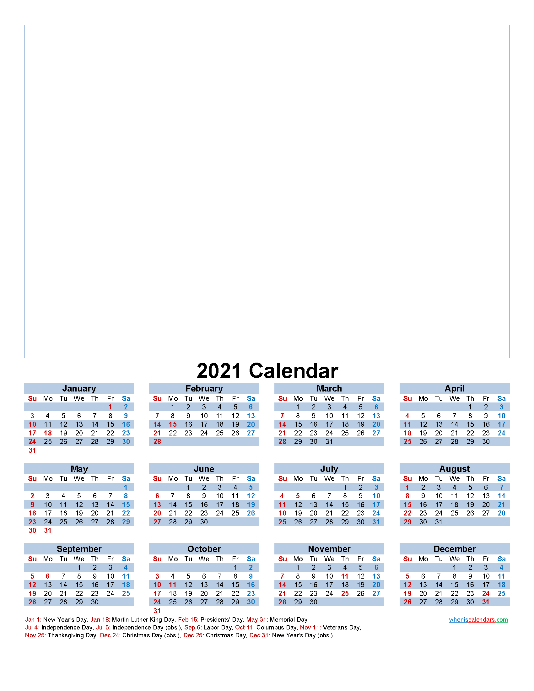 Custom Photo Calendar 2021 Word, Pdf - Template No.f21Y37-2021 Yearly Free Fillable Calendar