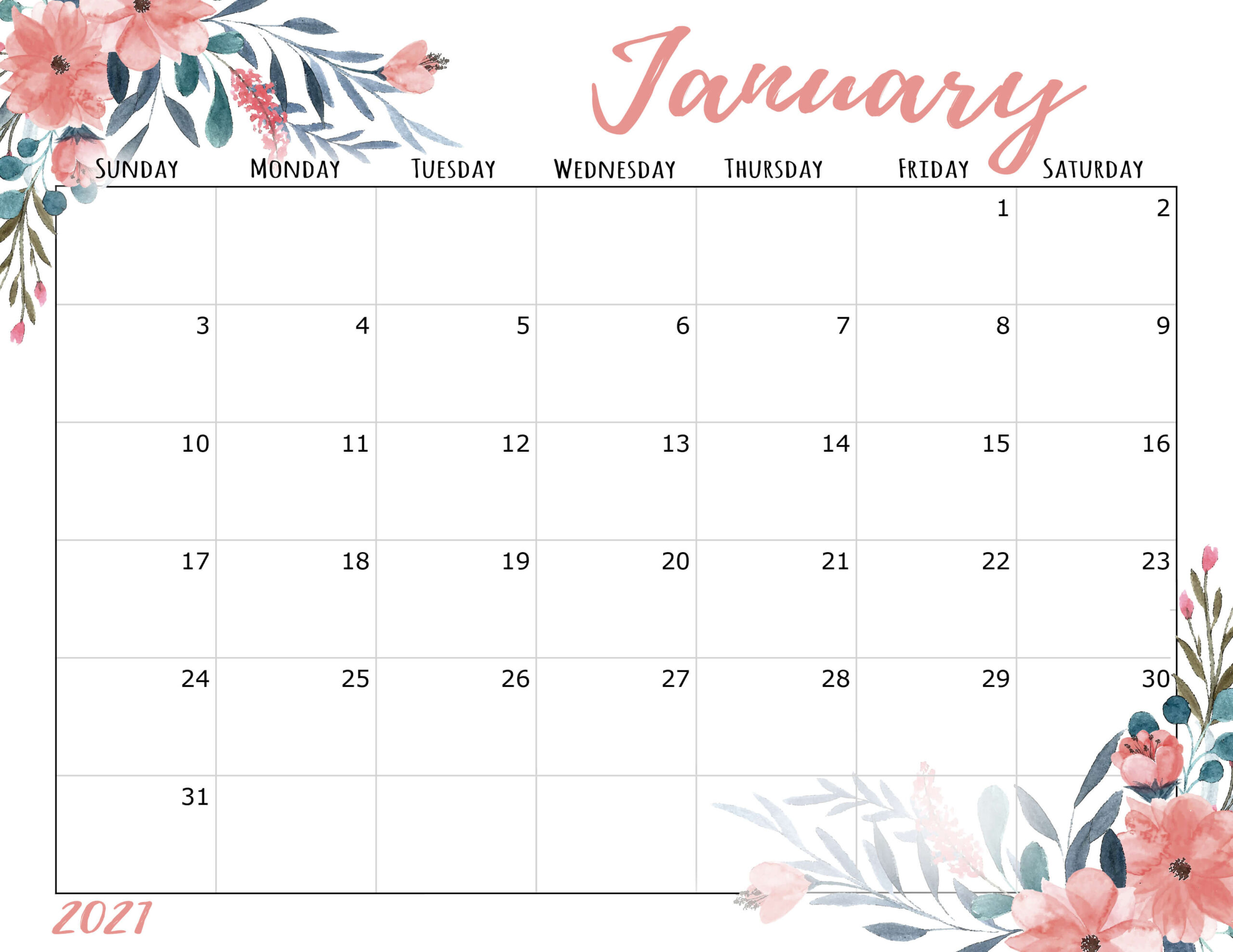 Cute January 2021 Calendar Desk &amp; Wall - Time Management-January 2021 Calendar