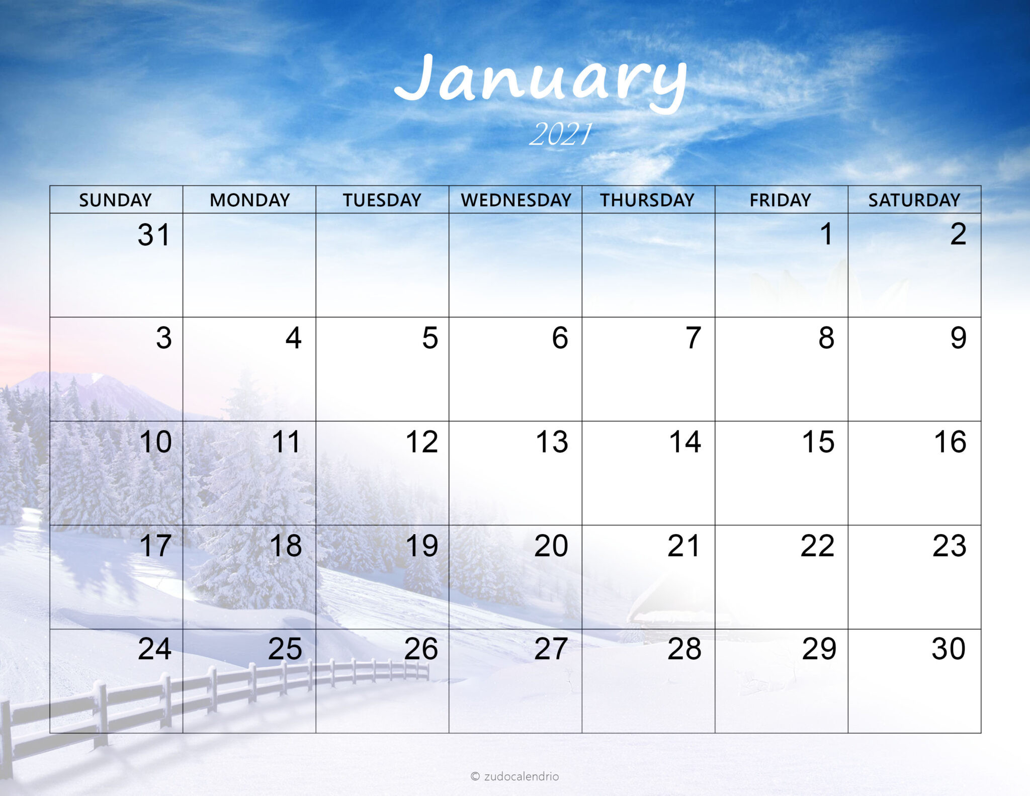 Cute January 2021 Calendar Template | Zudocalendrio-January 2021 Calendar