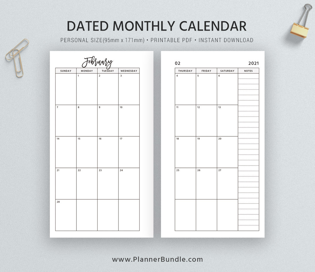 Dated Monthly Calendar 2021, Printable Monthly Planner-2 Page Monthly Calendar Printable 2021