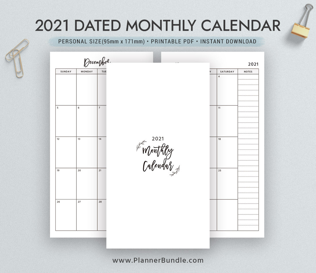 Dated Monthly Calendar 2021, Printable Monthly Planner-2 Page Monthly Calendar Printable 2021