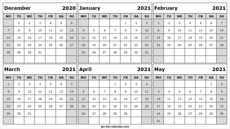 December 2020 To May 2021 Blank Calendar - Month Of Dec 2020-August Thru December Calander For 2021