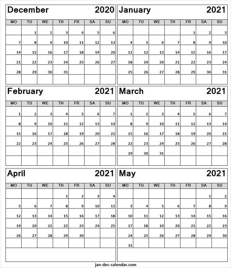 December 2020 To May 2021 Blank Calendar - Month Of Dec 2020-Monthly Caldenar For May 2021 With Monday Thru Friday