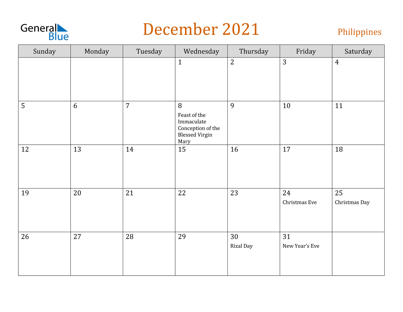 December 2021 Calendar - Philippines-2021 Calendar For August Through December