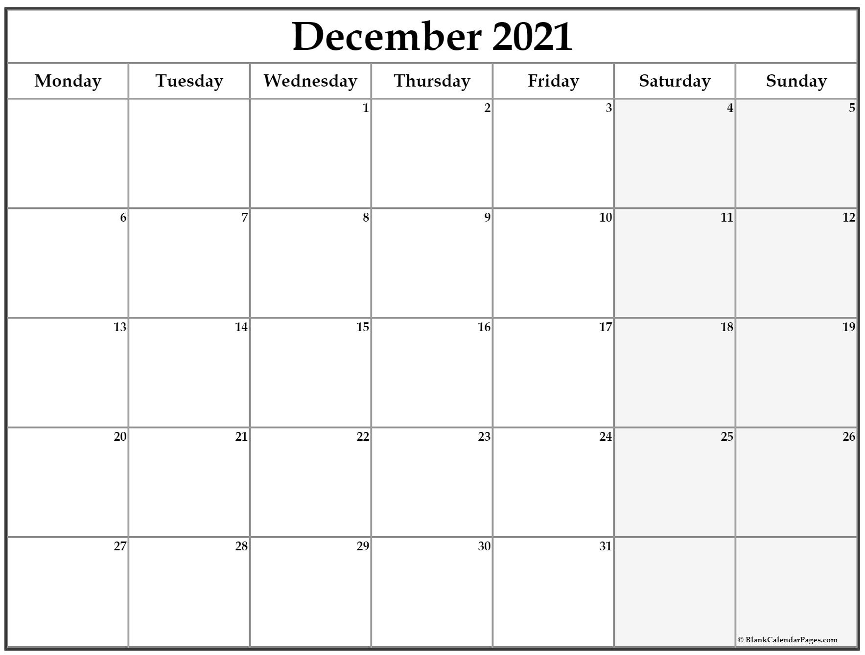 December 2021 Monday Calendar | Monday To Sunday-C2021 Calender Monday-Friday