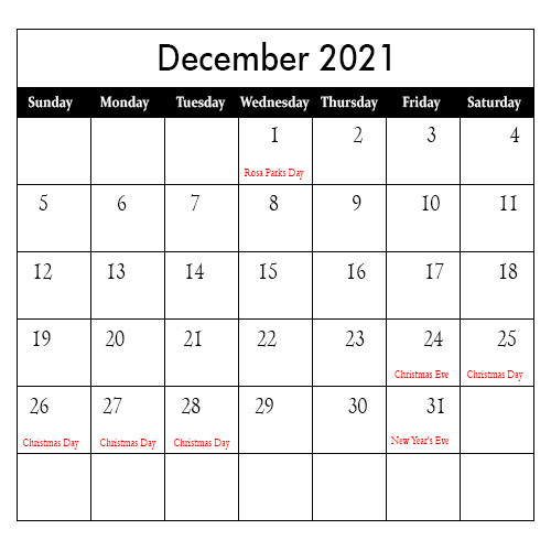 December Holidays 2021 | December Calendar 2021 With Holidays-Printable 2021 Vacation Calender