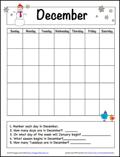 December Learning Calendar For Kids (Free Printable-October Calendar With Space To Write Assignments