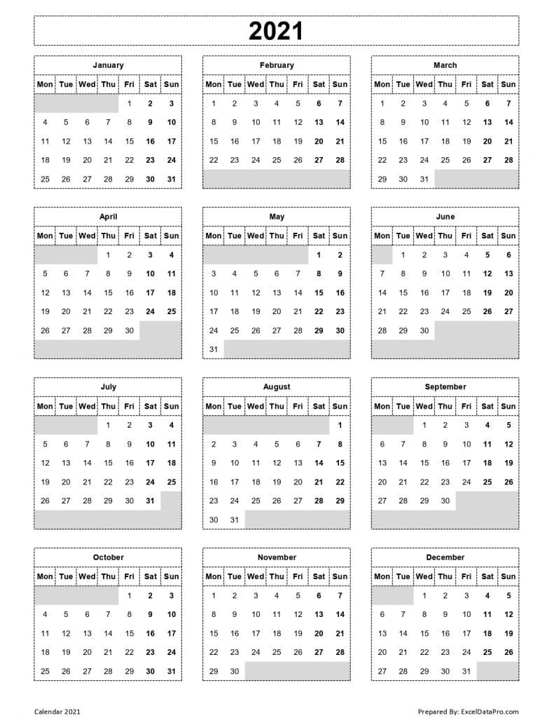 Download 2021 Yearly Calendar (Mon Start) Excel Template-2021 Vacation Planner Excel