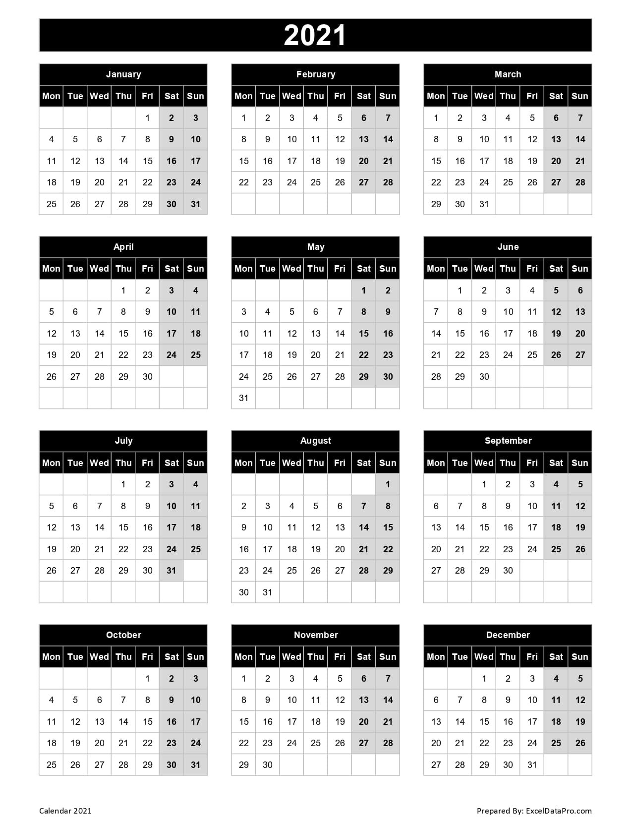 Download 2021 Yearly Calendar (Mon Start) Excel Template - Exceldatapro-2021 Monthly Fill In Calendars