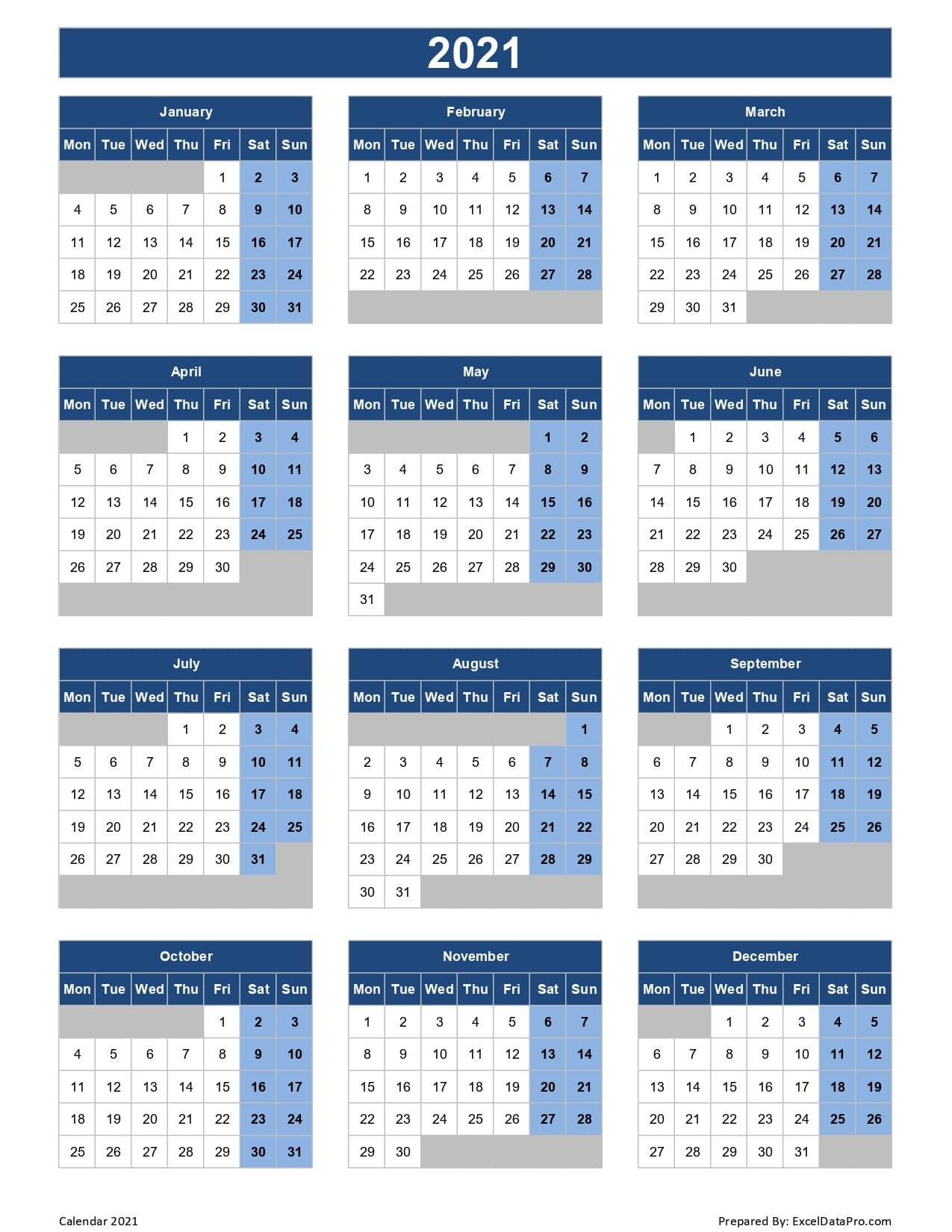 Download 2021 Yearly Calendar (Mon Start) Excel Template-Planner Organizer 2021 Excel