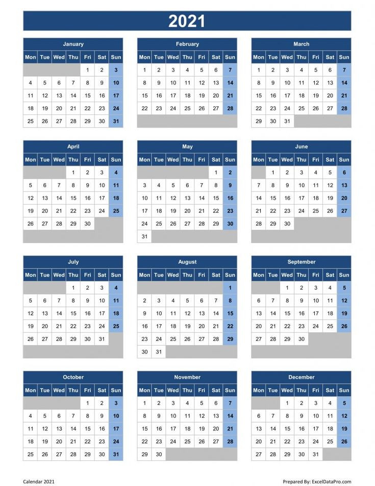 Download 2021 Yearly Calendar (Mon Start) Excel Template-Printable 2021 Attendance Calendar