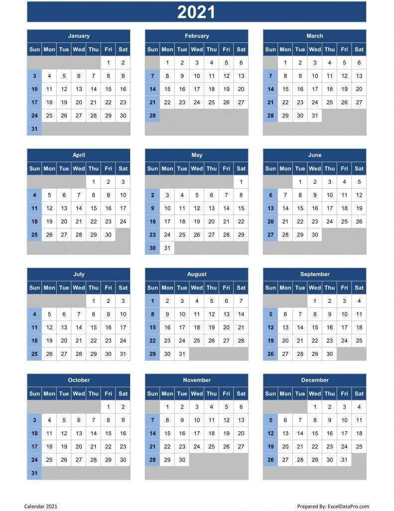 Download 2021 Yearly Calendar (Sun Start) Excel Template-2021 Attendance Calendar Printable