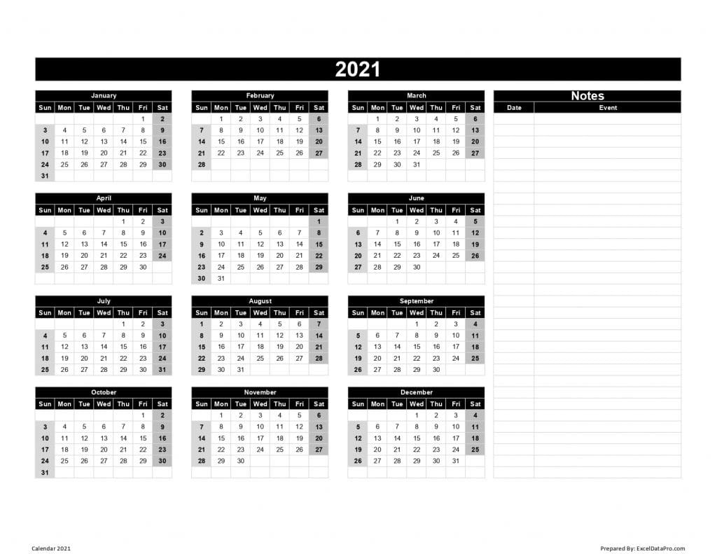 Download 2021 Yearly Calendar (Sun Start) Excel Template-Absentee Calendars 2021