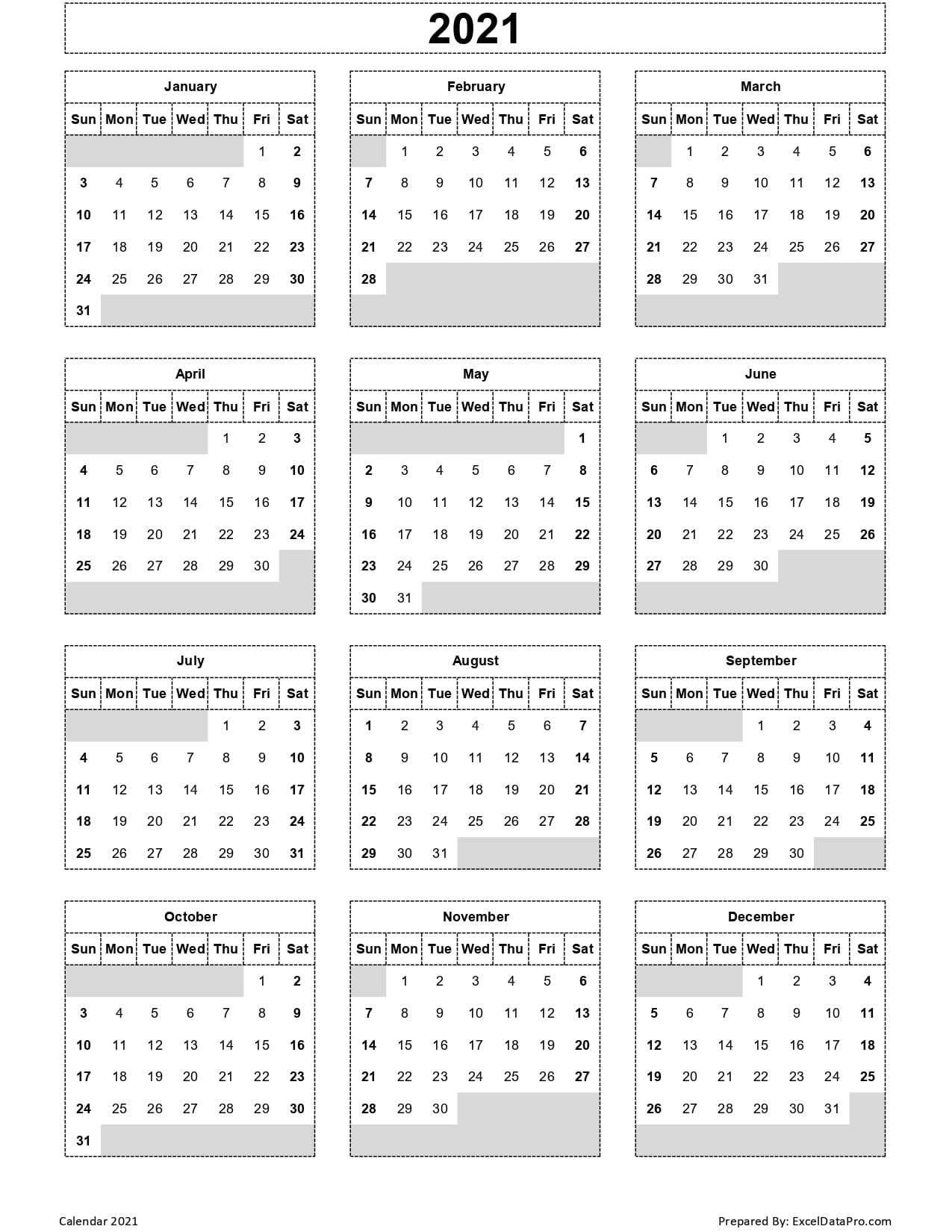 Download 2021 Yearly Calendar (Sun Start) Excel Template-Fill In Calendar 2021 Printable