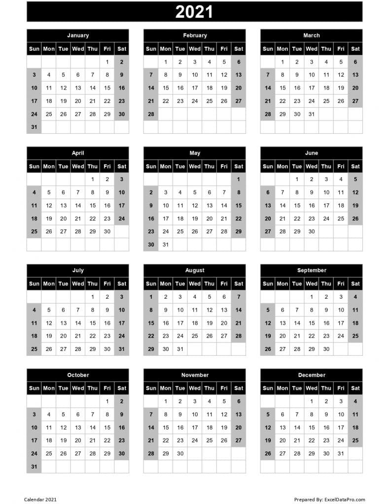 Download 2021 Yearly Calendar (Sun Start) Excel Template-Fill In Calendar Template 2021