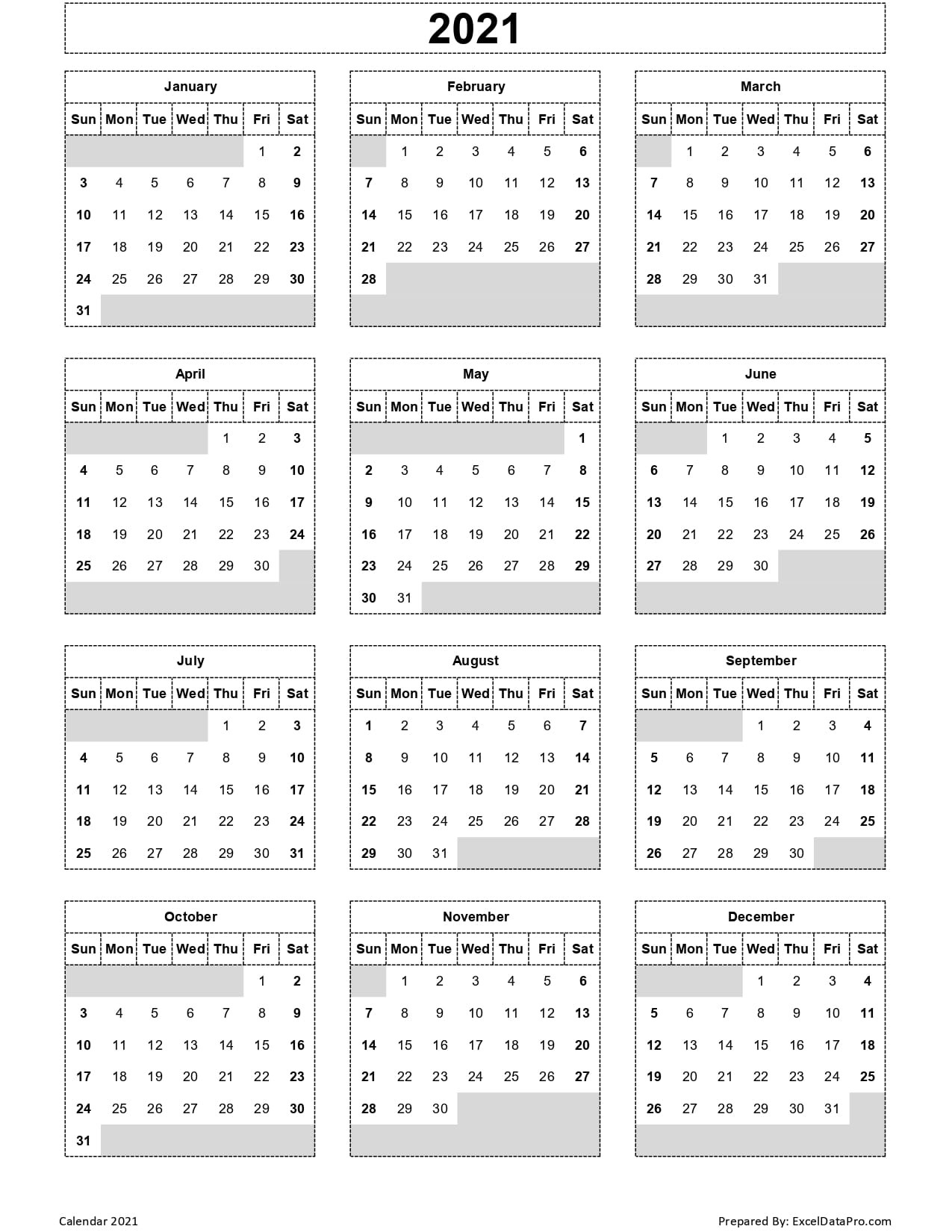 Download 2021 Yearly Calendar (Sun Start) Excel Template-Printable 2021 Monthly Calendar 2 Pages