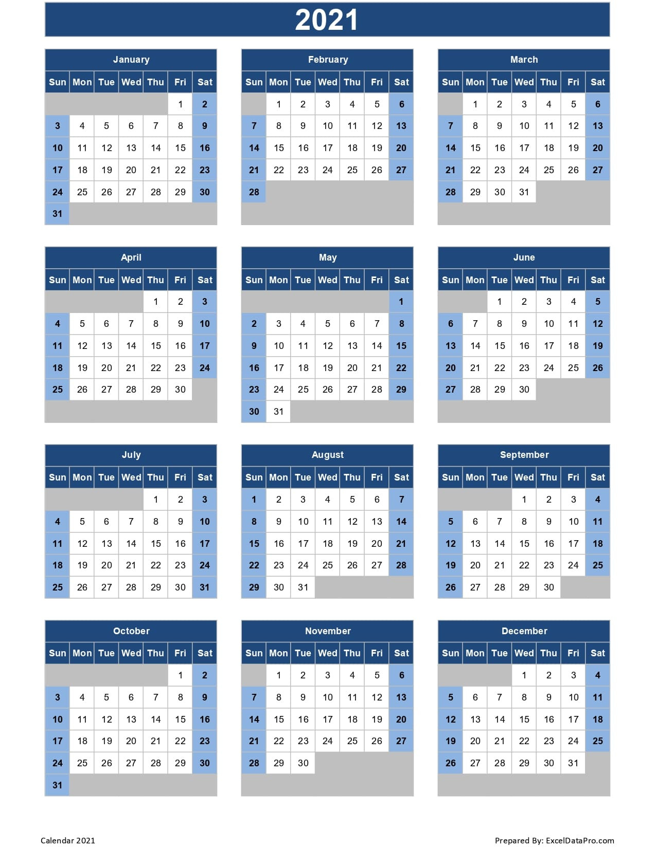Download 2021 Yearly Calendar (Sun Start) Excel Template-Printable Calendar 2021 Large Font